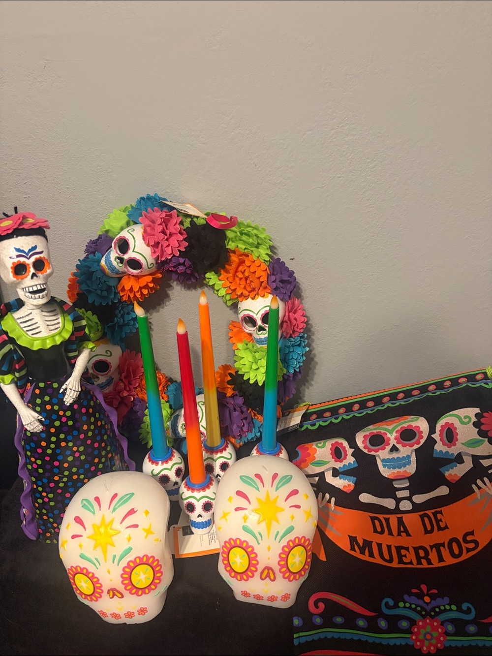 Target Multicolor Dia de Muertos Sugar Skull Candle Holders and Floral Wreath